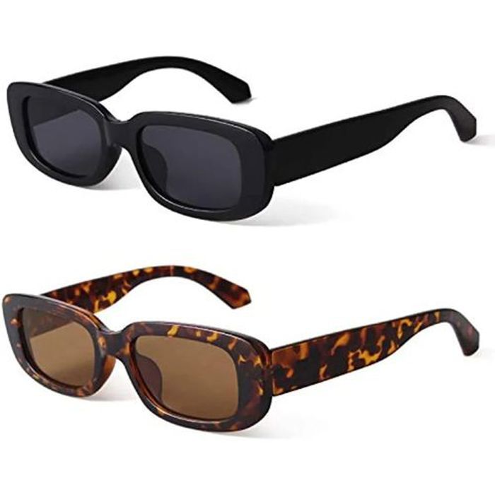 Paires de 2 Lunettes de soleil rétro rectangles pour femmes tendance Noir et Léopard