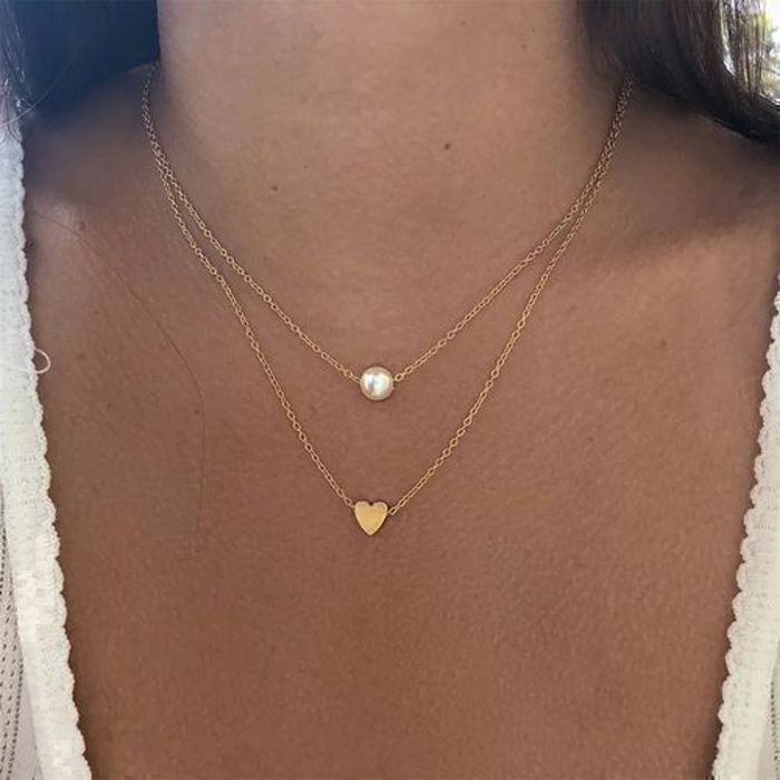 Fashion collier femme double Chaîne pendentif perle et cœur doré