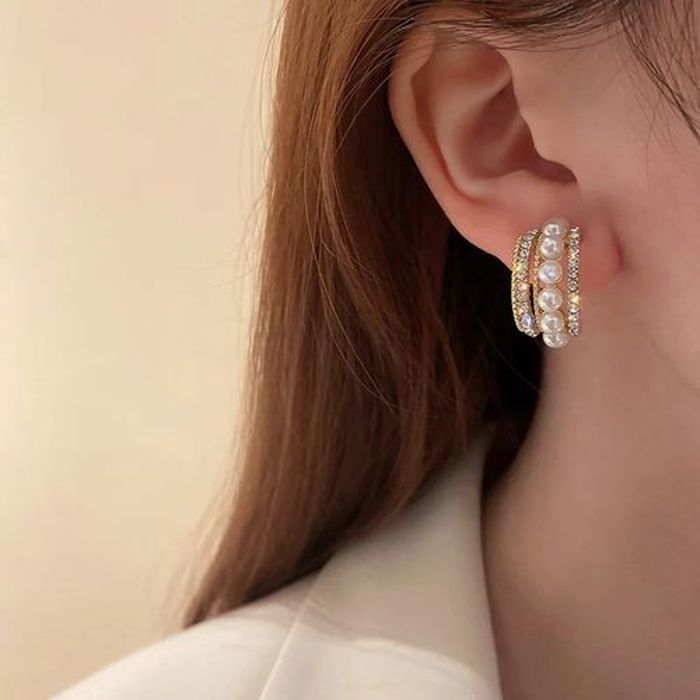 boucles d'oreilles multicouche sous forme de C coréenne en perles pour femmes