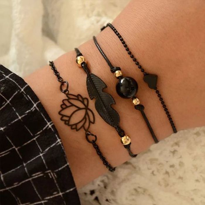 ensemble de 4 Bracelets Lotus feuilles d'amour noir femmes by For layds
