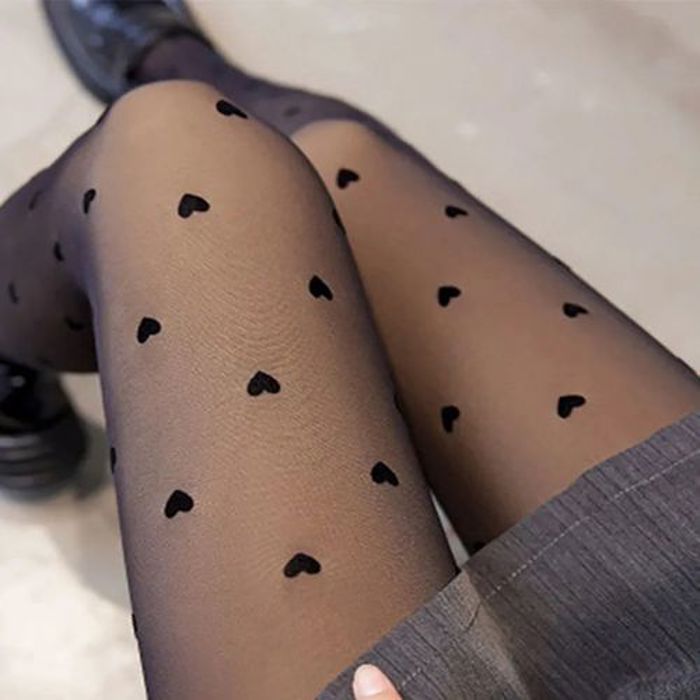 COLLANT elastique Bas pour femmes , fins style motif coeur Noir