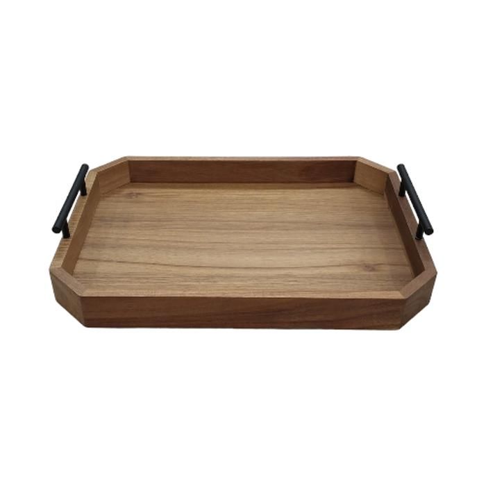 Plateau en bois - 42,9x31,1 cm - Poignées en métal - Rectangulaire - Marron