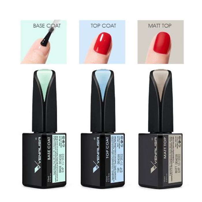 Venalisa Kit de vernis à ongles Gel UV LED,3 pièces x 15ml, base coat, top coat, matt top