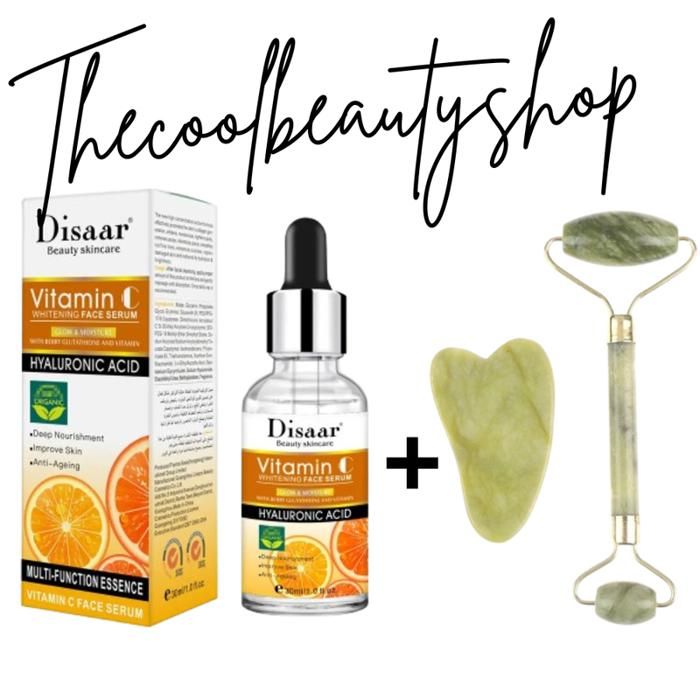 Kit de soins du visage - DISAAR - Sérum à la vitamine C - Anti-rides - Jade Rouleau - Gua Sha