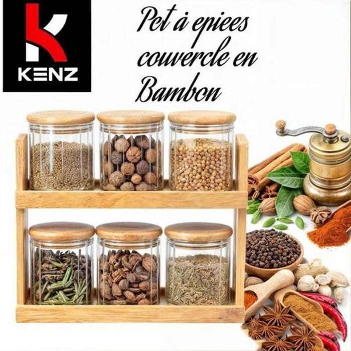 Kenz Ensemble de 6 bocaux à épices en verre avec support en bambou