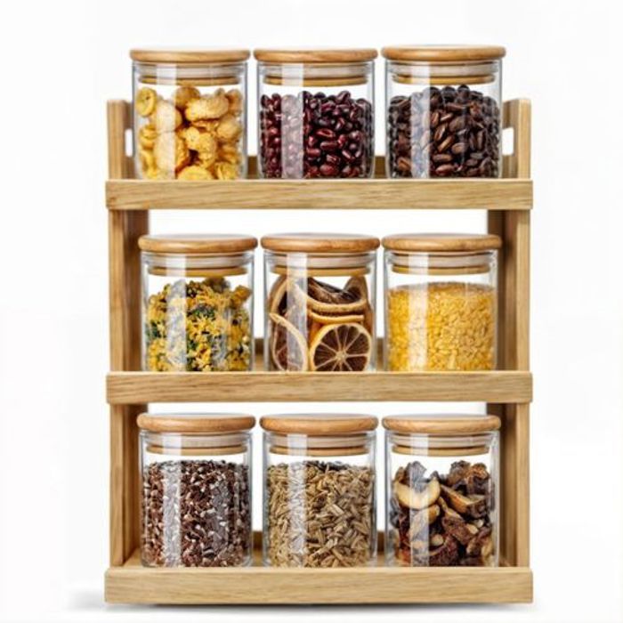 Set de 9 pots à épices hermétiques en verre - support élégant en bambou