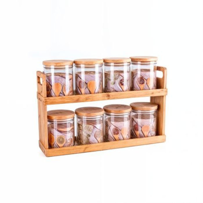 8Pcs Boites à Épices en Verre avec Couvercle et Support en Bois