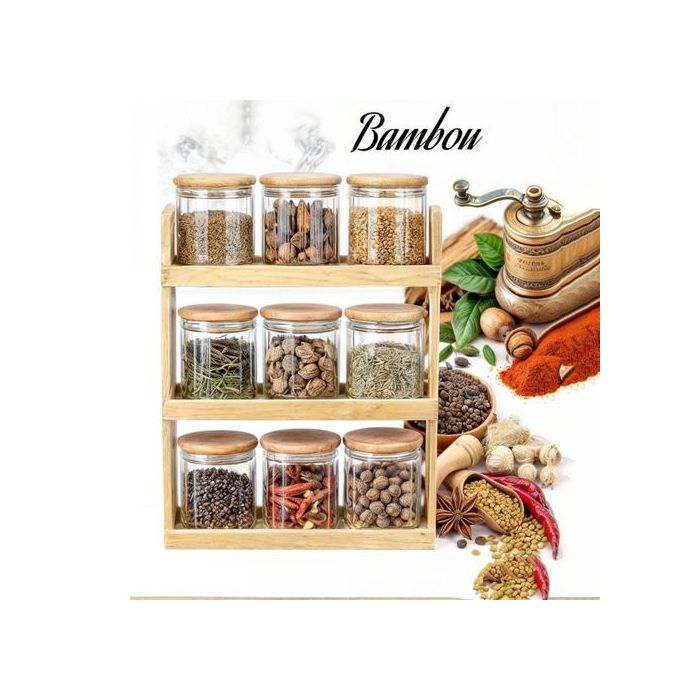 Set de 9 pots à épices hermétiques en verre avec support bambou