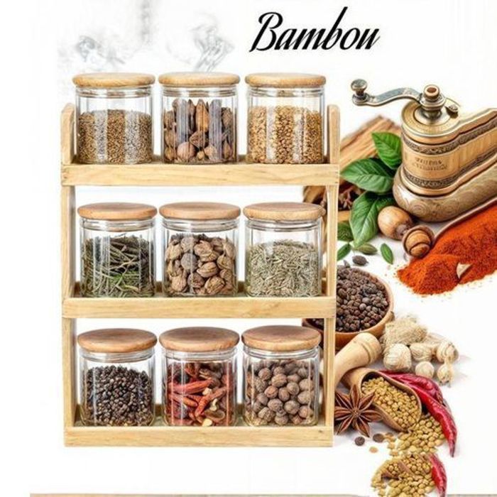 Set de 9 pots à épices hermétiques en verre avec support en bambou