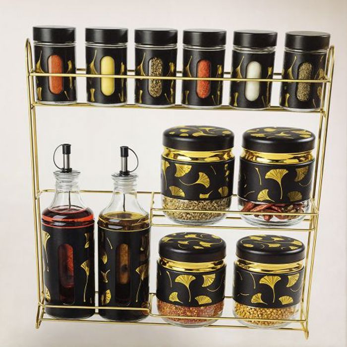 Set 10 Pots A Épices + 2 Huilières Avec Présentoir Assaisonnements Divers Sauces NOIR