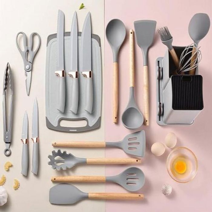 Lot de 19 Ustensiles de Cuisine-Support pour Cuillère en Silicone