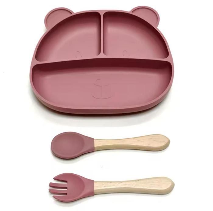 Assiette Ours en Silicone avec Fourchette et Cuillère - Rose