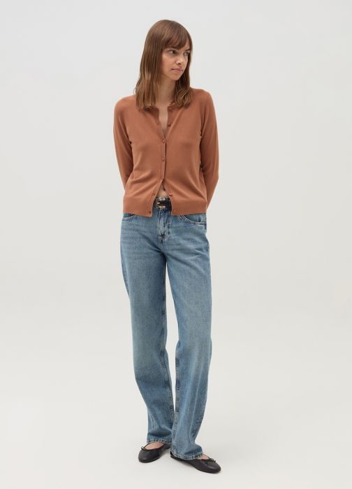 Cardigan - Camel - Femme - Col rond - Fermeture boutonnée - Bordures côtelées