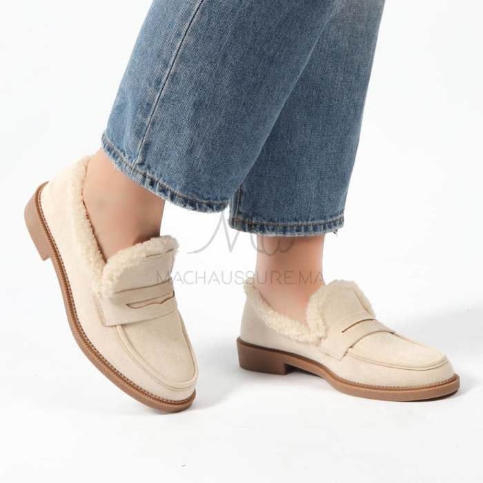 Azil – Mocassins en daim avec fourrures en Beige