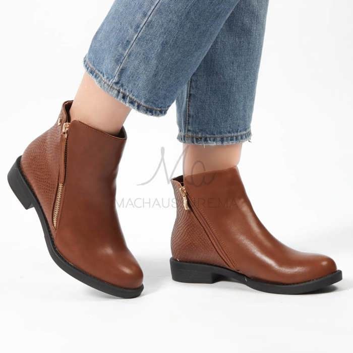Bottines - MAYA - Tabac - Cuir Synthétique - Talon Plat - Hauteur Tige 12 CM