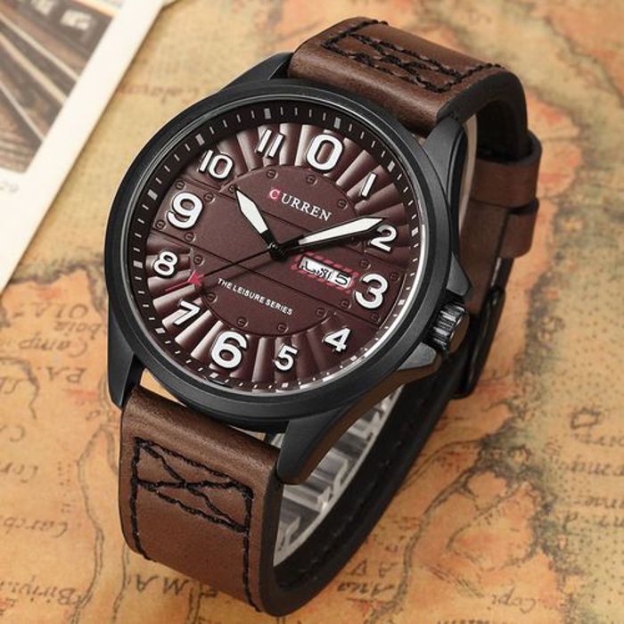 Curren 8269 Montre à Quartz avec Affichage de Date Jour et Bracelet en Cuir pour Homme - CAFé FONCé