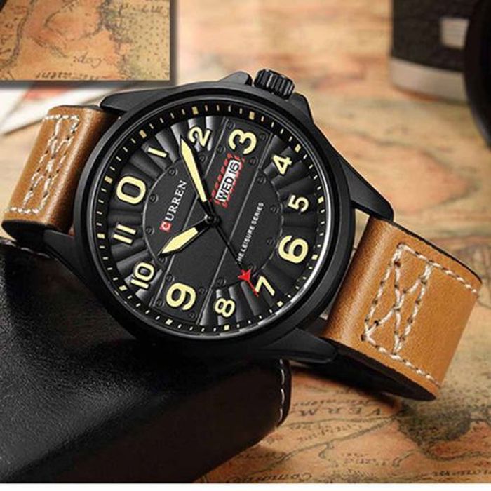 Curren 8269 Montre à Quartz avec Affichage de Date Jour et Bracelet en Cuir pour Homme - NOIR ET BRUN