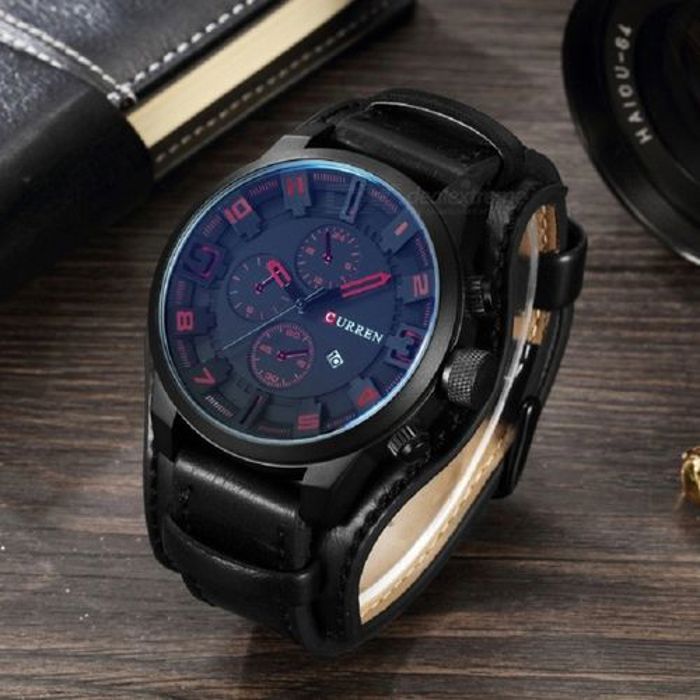 Curren Homme Montre Cuir Date Quartz militaire analogique Rouge