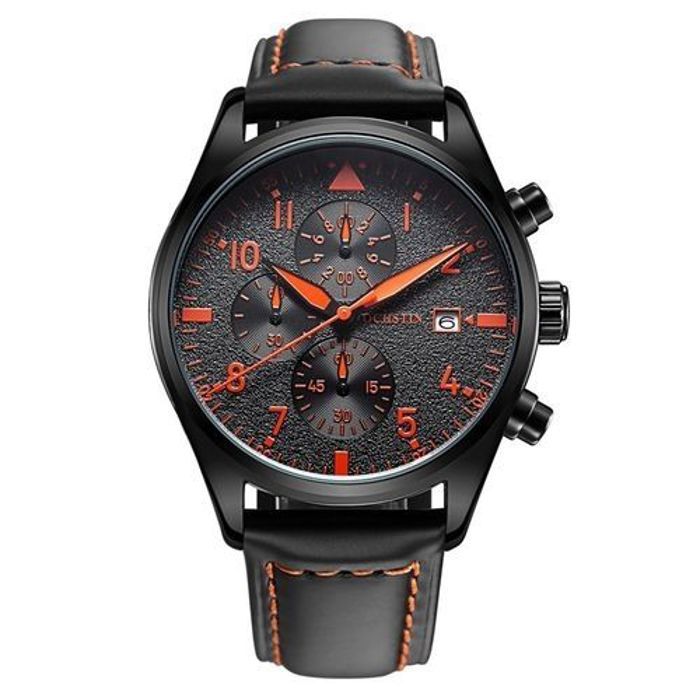 Montre homme - OCHSTIN - Quartz - Noire/orange - Bracelet cuir - Chronomètre