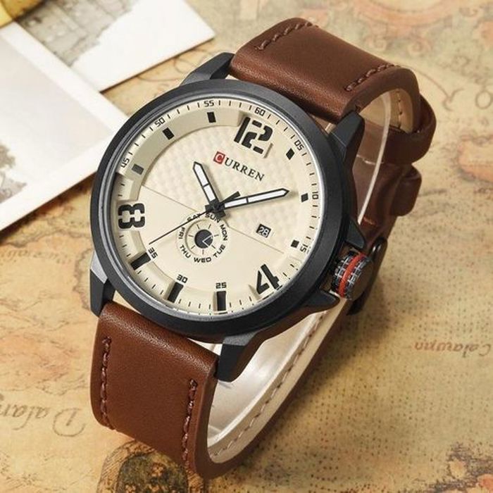 Montre à Quartz Décontractée - CURREN - BEIGE ET NOIR - Affichage Date - Cadran Stéréoscopique - Taille 4,8 cm