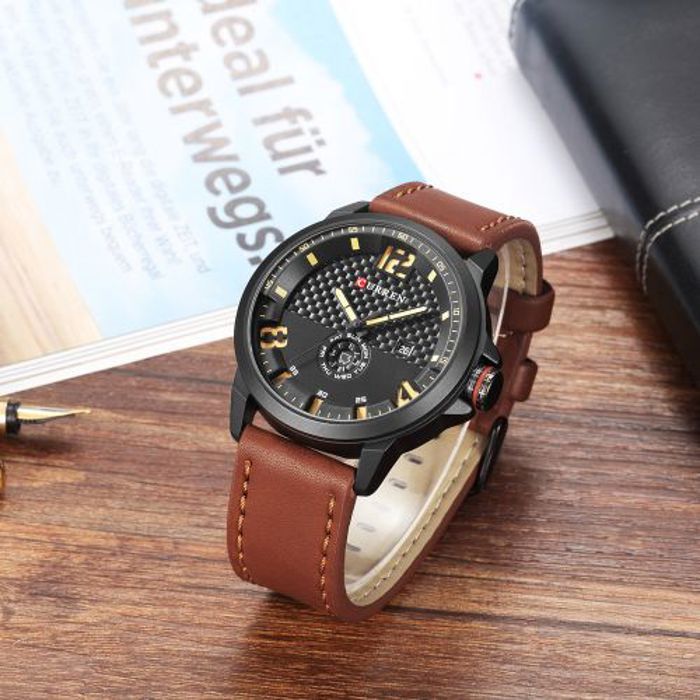 Curren Montre Quartz Décontractée pour Homme avec Bracelet en Cuir-Marron
