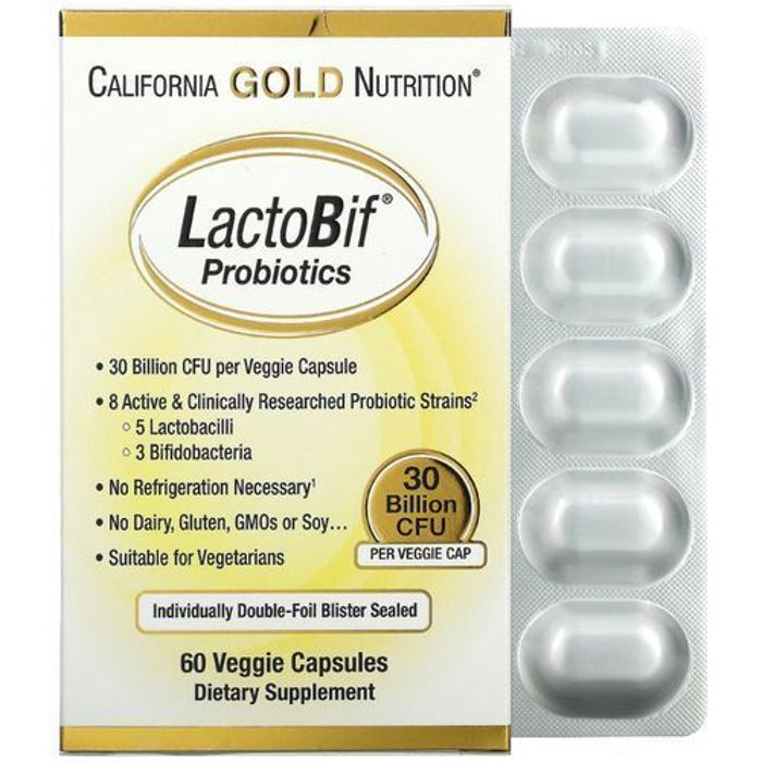 California Gold Nutrition  INTESTINS > LACTOBIF PROBIOTICS 60 GÉLULES 30 MILLIARDS CFU BACTÉRIES