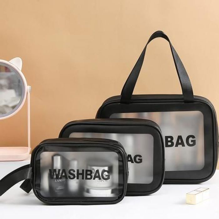 Pack 3 Pcs Sac de Maquillage Large avec 2 Trousse Washbag Transparent pour Femme