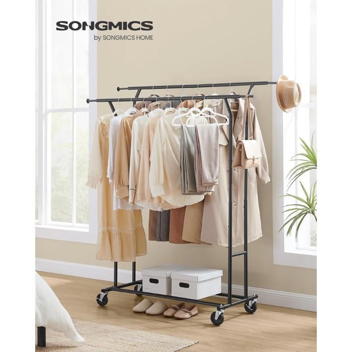 SONGMICS Portant à Vêtements, Porte-Vêtements, Porte-Manteau pour Écharpes avec 4 roulettes, Hauteur et Longueur Réglables