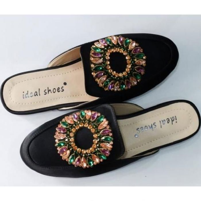 Mules Femme - Chic - Noir - Confortables - Perles - Semelle en Cuir Synthétique