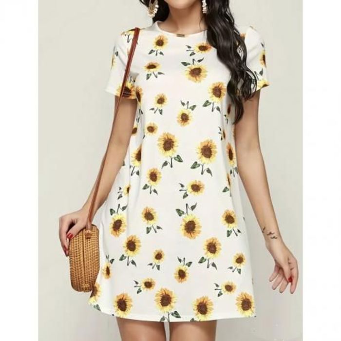 Robe À Manches Courtes Imprimée Tournesol,