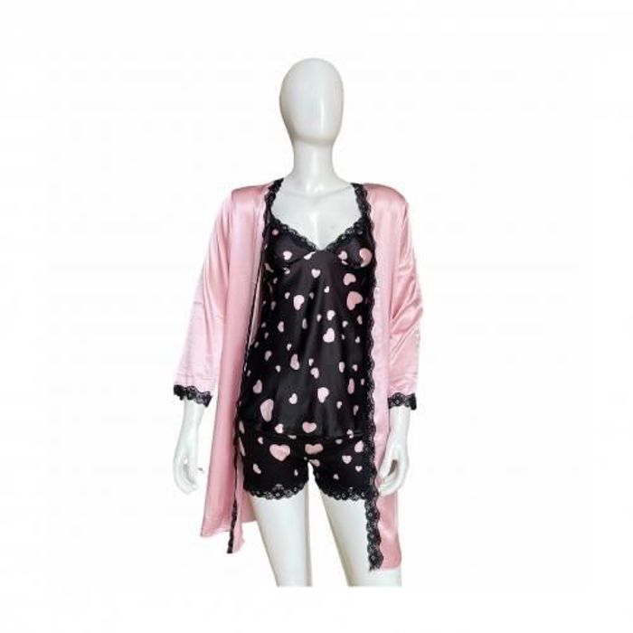Chemise de nuit 3 pièces - Satin - Rose/Noir - Décolleté en V - Sans manches - Peignoir inclus