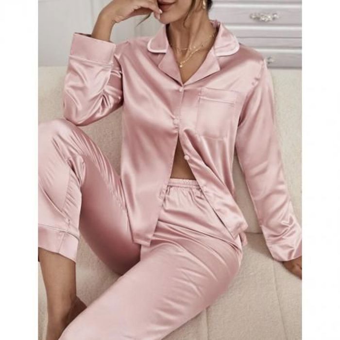 Ensemble De Pyjama À Liseré Contrastant À Bouton Col À Revers En Satin