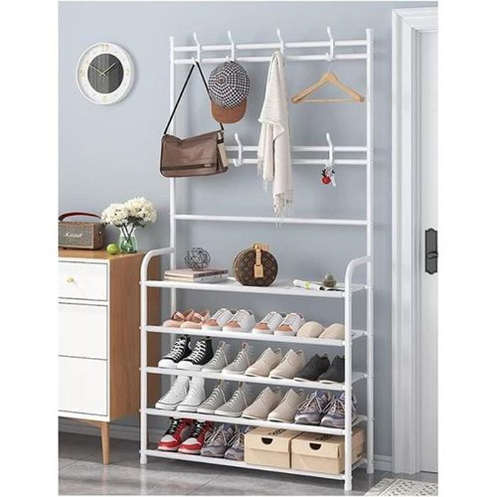 Porte-vêtements meuble d'entrée et étagère à chaussures en métal à 4 niveaux