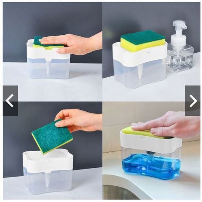 Distributeur de savon liquide + éponge à savon pour vaisselle, cuisine & lavabo