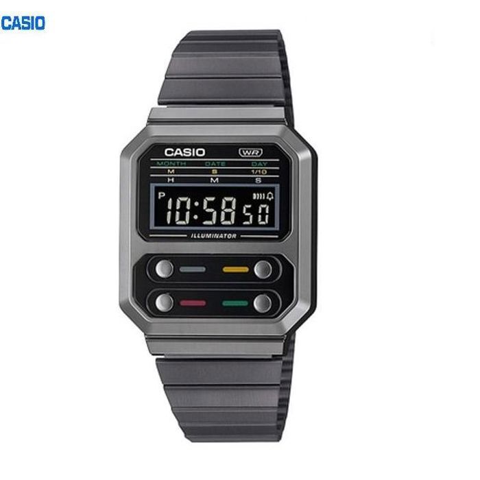 Casio Montre Digital Femme homme avec bracelet en métal plaqué ionique noir auto-ajustable-A100wegg-1adf