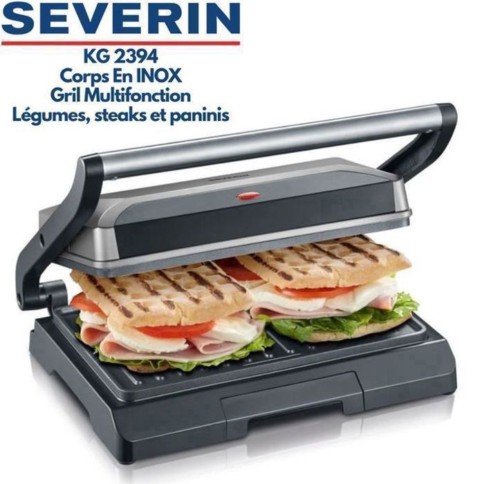 SEVERIN KG2394 Panini Multifonction 23x14,5 cm, Gril multifonction, En INOX Grille viande, Sandwich Maker, Thermostat Réglable 800W