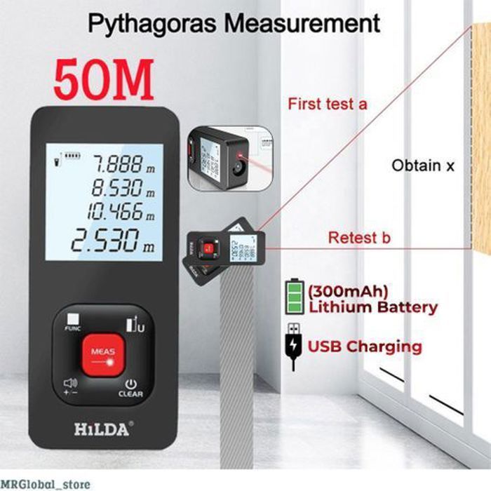 HILDA Télémètre Laser Numérique 50m Distance Mètre Lithium Battery 300mAh