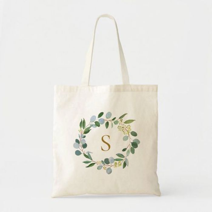 Tote Bag Élégant vert Eucalyptus Feuille Wreath Monogramm Unique, haute qualité