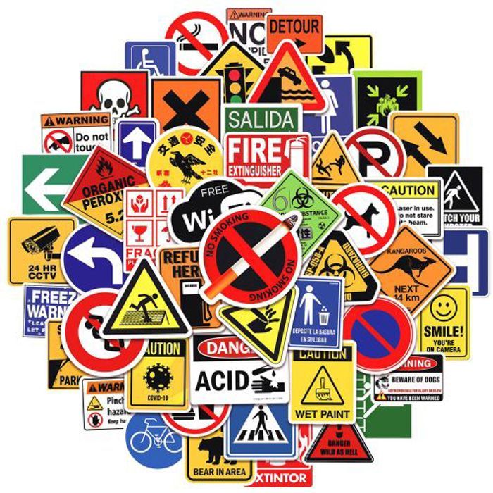 Stickers 50Pcs Cartoon Warning Stickers Danger Banning Decals Graffiti Skateboar