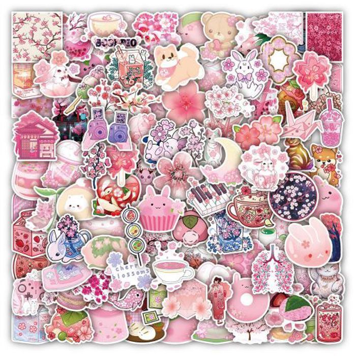 Stickers 50Pcs Pink Cherry Cartoon Aesthetic Decorative Stickers Scrapbooking La