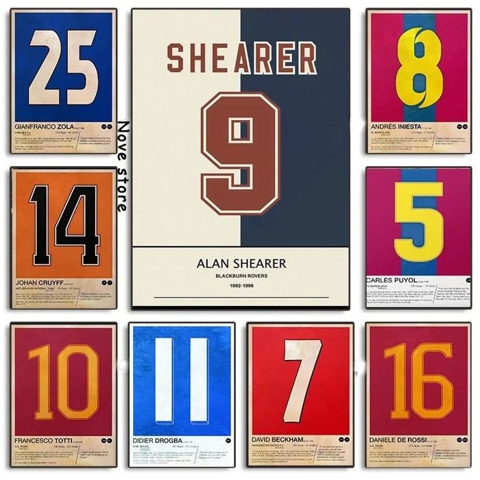 Decoration 9 Poster Vintage Famous Soccer Players Jersey Numbers Sport Minimalist Print