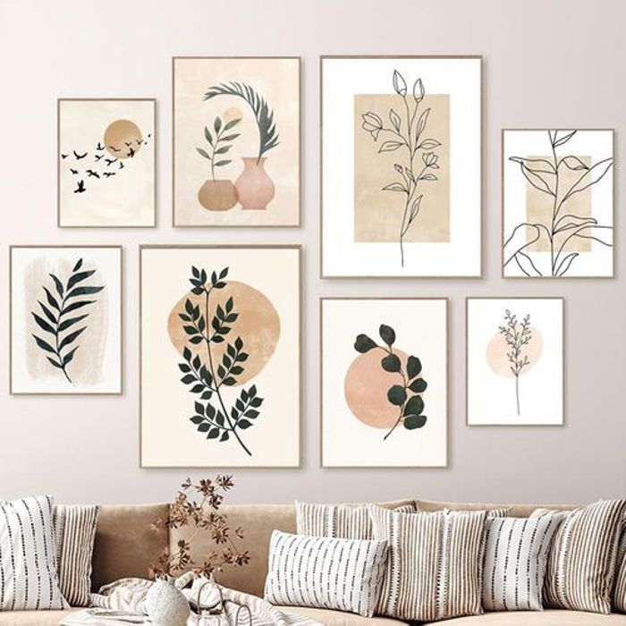 Decoration 8 Poster Boho s Natural Plant Bird Sun Abstract Painting Leaf Lines