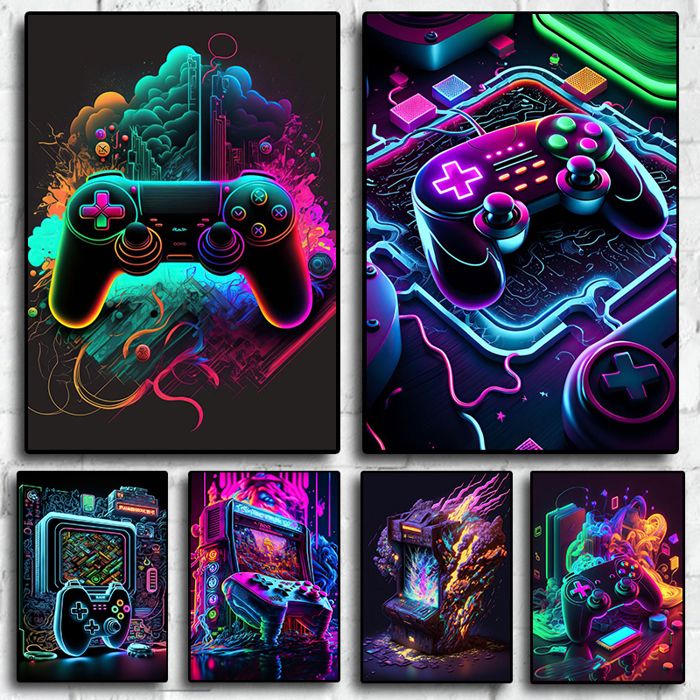 Decoration 6 Poster Games Console Game Pad 80s Retro Neon Art Home Wall Decor Pictures