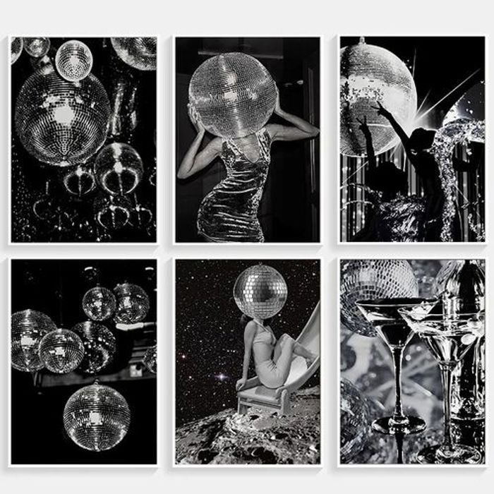 Decoration 6 Poster Disco Ball Female Funky Disco Painting 70s Party Black White