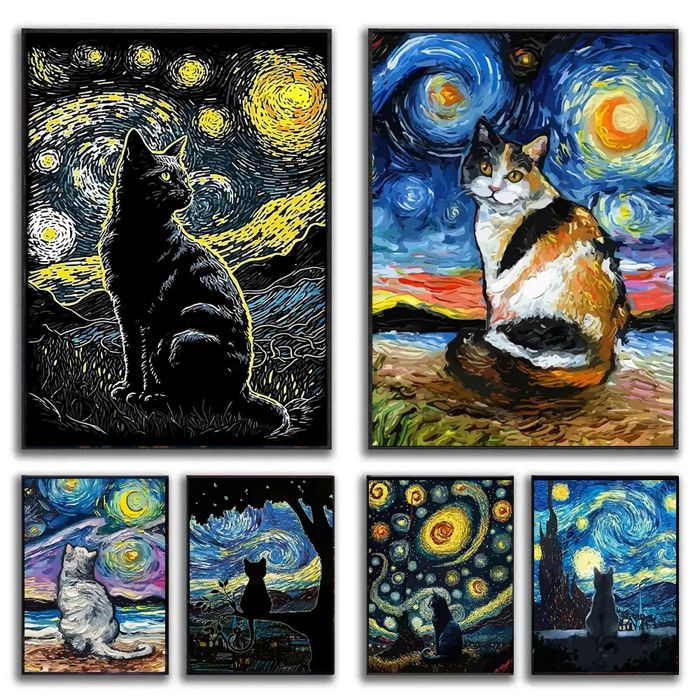 Decoration 6 Poster Starry Night Black Cat Funny Art s and Prints Modern Animals Abstra
