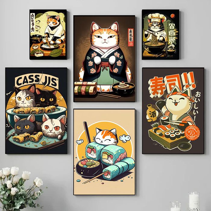 Decoration 6 Poster Japanese Sushi Cat Chef Gourmet s Samurai Cat Art Aesthetics Painti