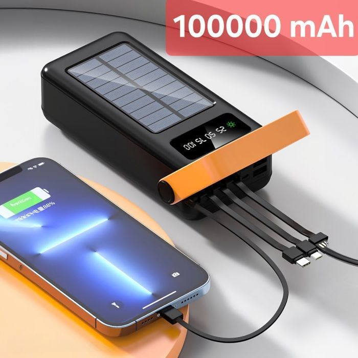 Power Bank 100000 mAh fast charge et solaire charging avec Led et 4 cable integres