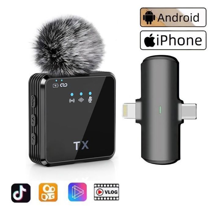 Microphone sans fil wirerless 20 metres noise cancelllation pour Android et Ios
