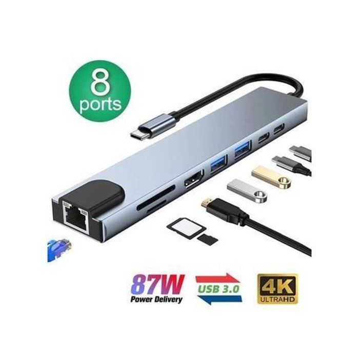 Adaptateur Hight Qaulity Type C 8 in 1 VERS HDMI,RG45,LECTEUR DE CARTE SD/TF,2 PORT USB,PD 100 W