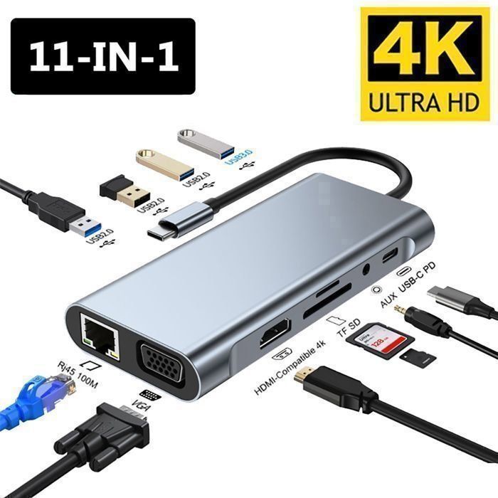 Adaptateur Hub USB Type-C 11 en 1 - 4K, HDMI, VGA, RJ45 Ethernet Gigabit, 3 Ports USB, SD/TF, 3.5mm AUX, PD